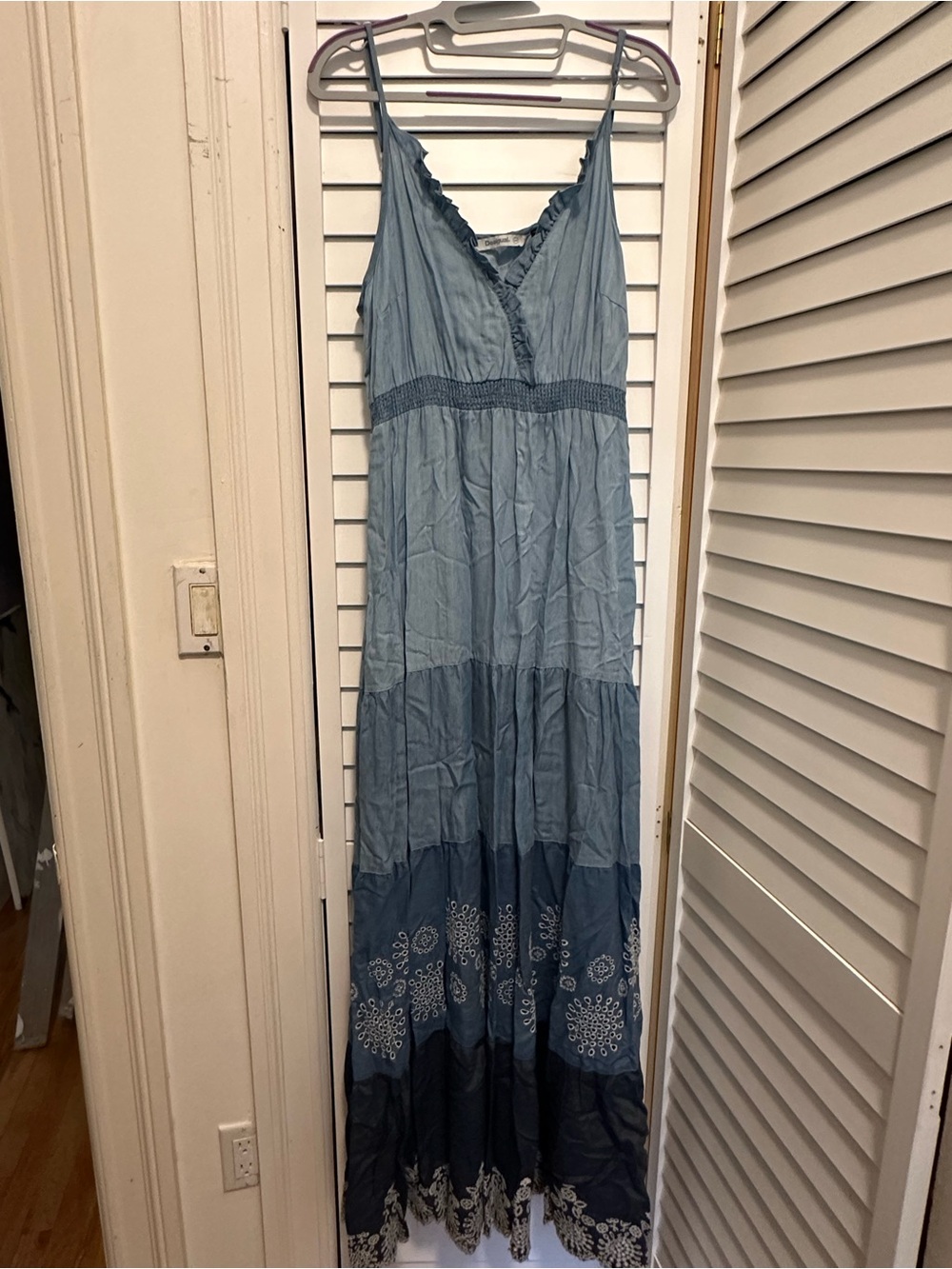 Desigual Blue Tiered Embroidered Maxi Dress
